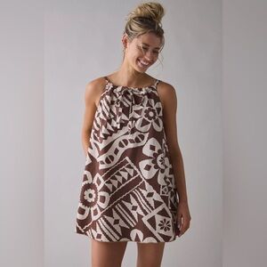 Urban Outfitters BDG Eva Tie-Front Ruched Strap Trapeze Mini Dress Brown White